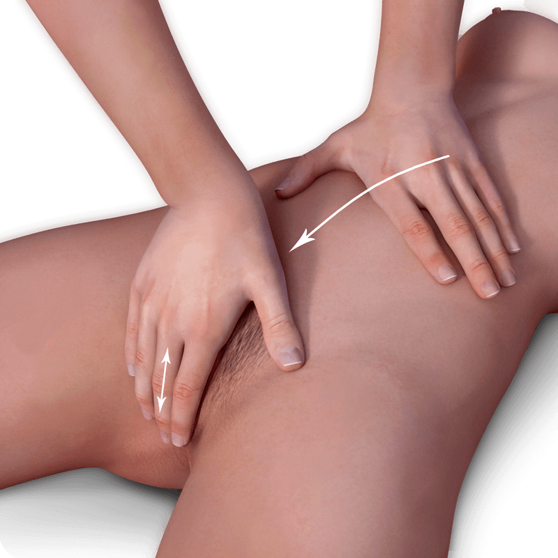 man's hands on woman's body preparing to massage her vulva with both hands